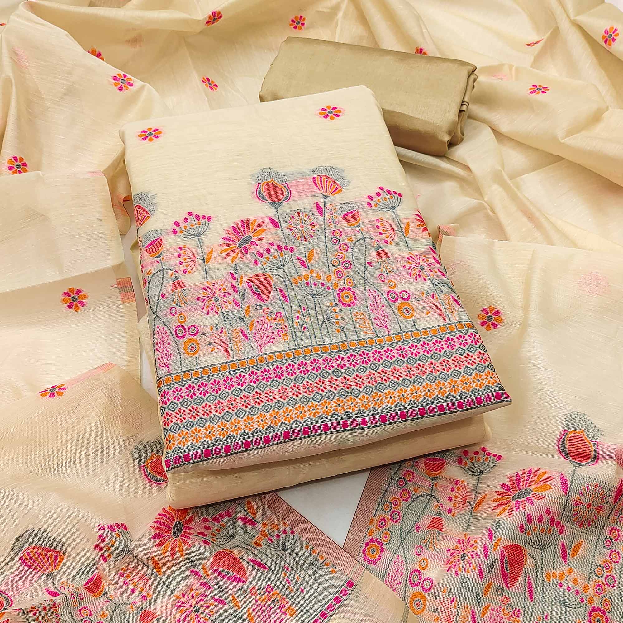 Cream and Pink Dress Material Adorned with Floral Weaving on Chanderi Silk