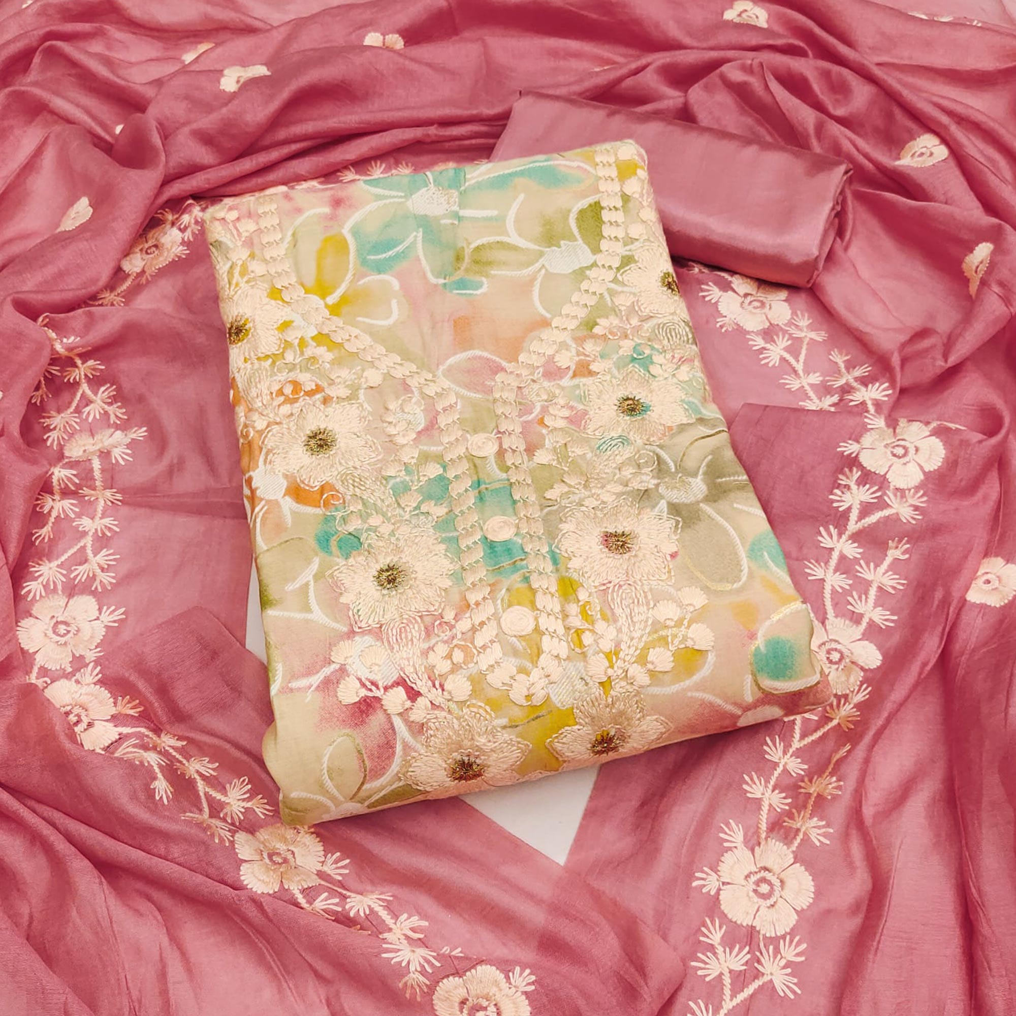 Cream & Pink Floral Printed Chanderi Silk Dress Material Adorned with Embroidery
