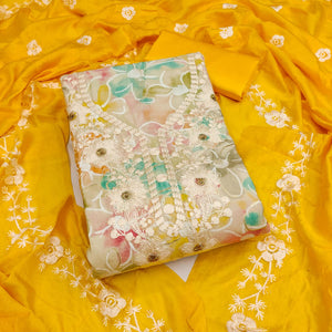 Cream & Yellow Floral Printed Chanderi Silk Dress Material Adorned with Embroidery