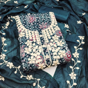 Blue Floral Printed Chanderi Silk Dress Material Adorned with Embroidery