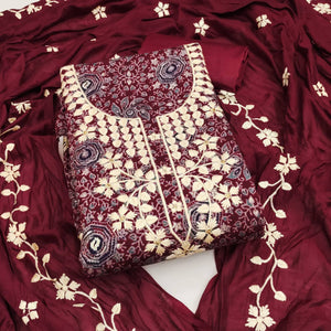 Maroon Floral Printed Chanderi Silk Dress Material Adorned with Embroidery