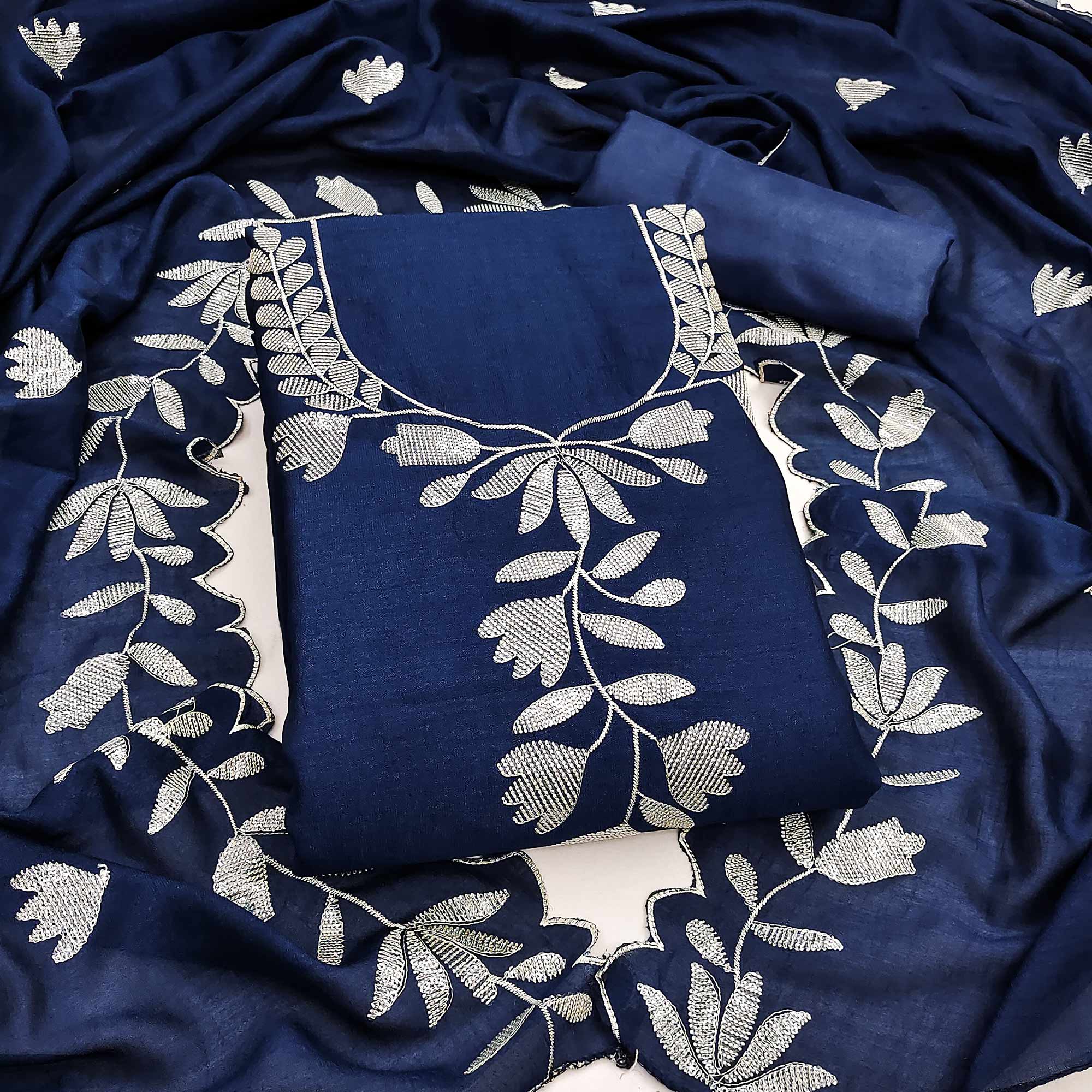 Blue Vichitra Silk Dress Material With Delicate Floral Embroidery & Shimmering Sequins Work