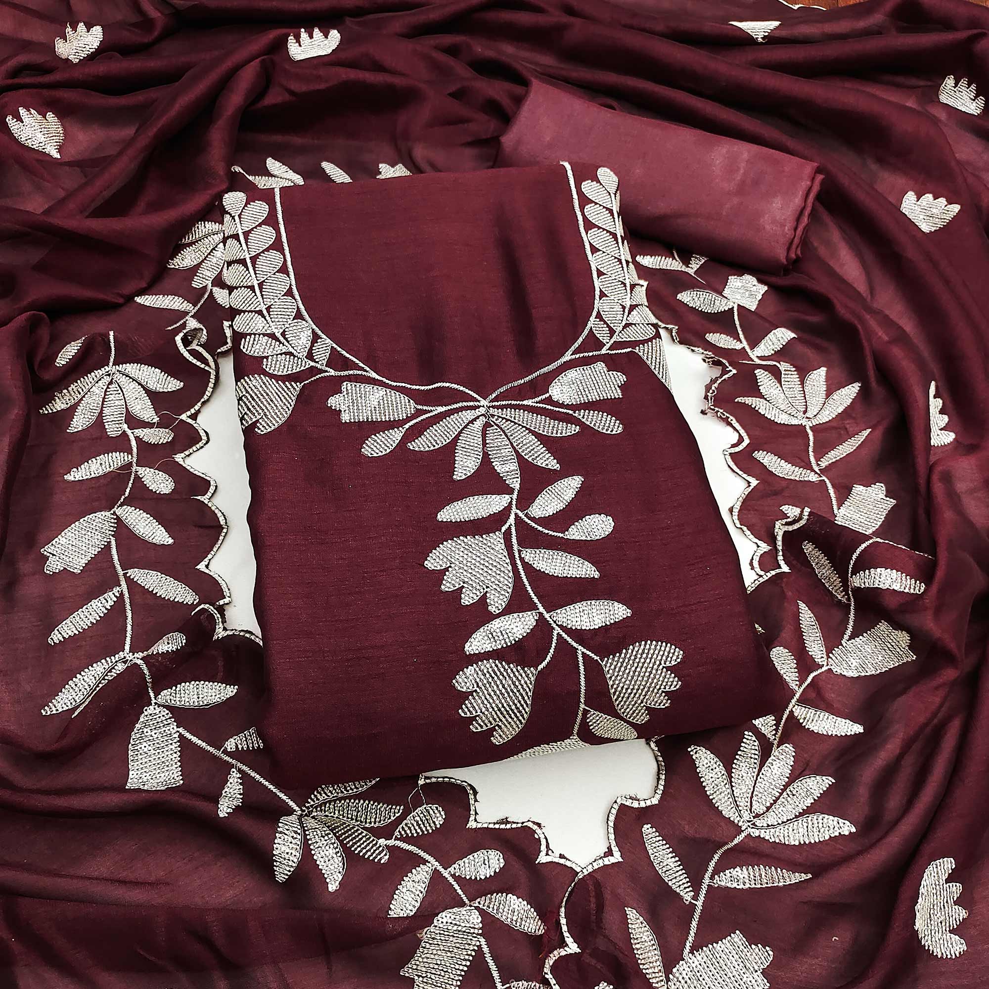 Maroon Vichitra Silk Dress Material With Delicate Floral Embroidery & Shimmering Sequins Work