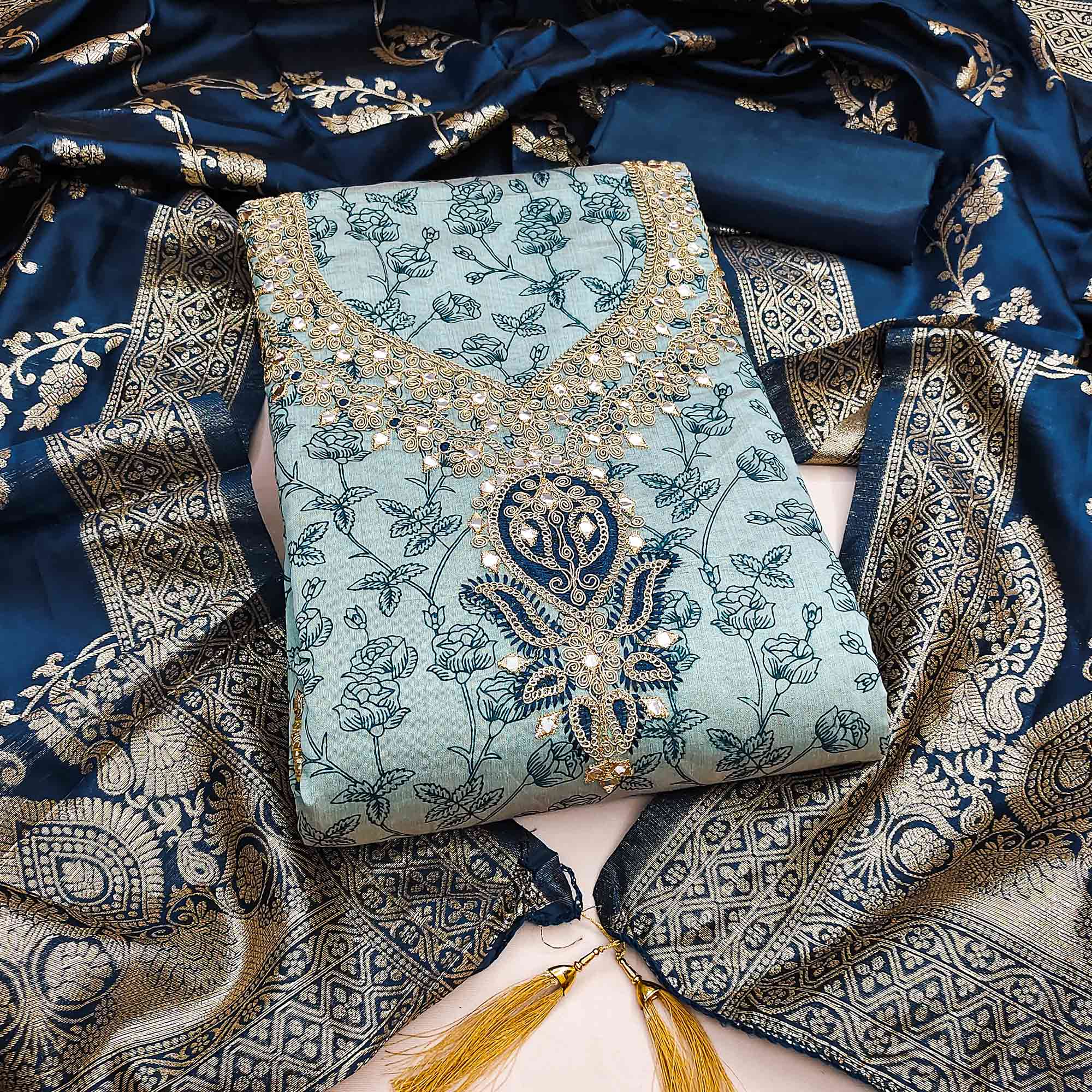 Blue Chanderi Silk Dress Material Featuring Floral Print & Cording Embroidered Detailing