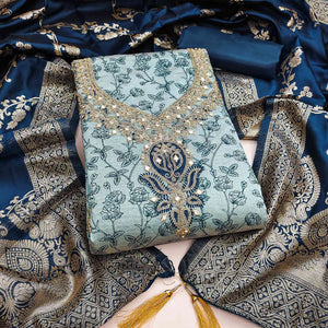 Blue Chanderi Silk Dress Material Featuring Floral Print & Cording Embroidered Detailing