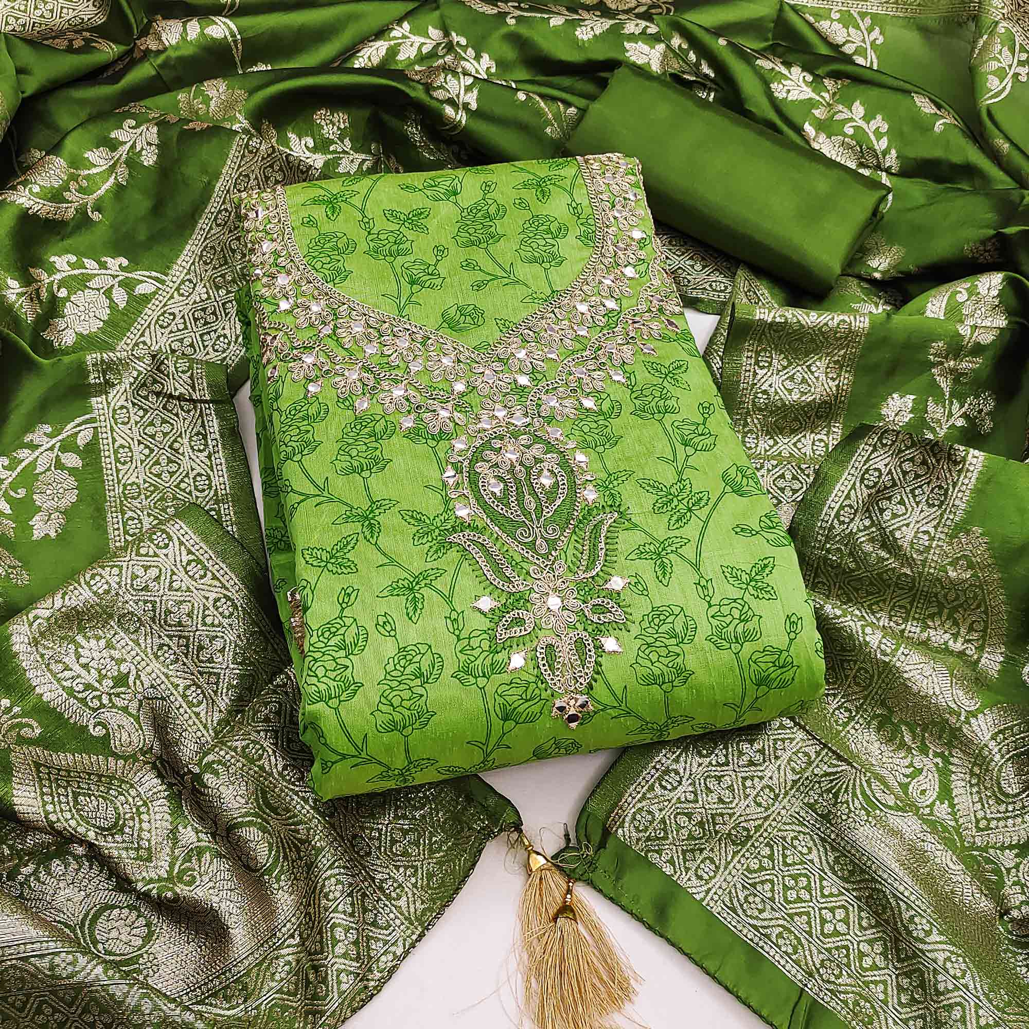 Green Chanderi Silk Dress Material Featuring Floral Print & Cording Embroidered Detailing