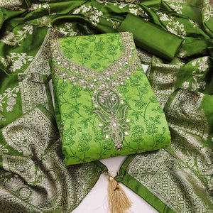 Green Chanderi Silk Dress Material Featuring Floral Print & Cording Embroidered Detailing