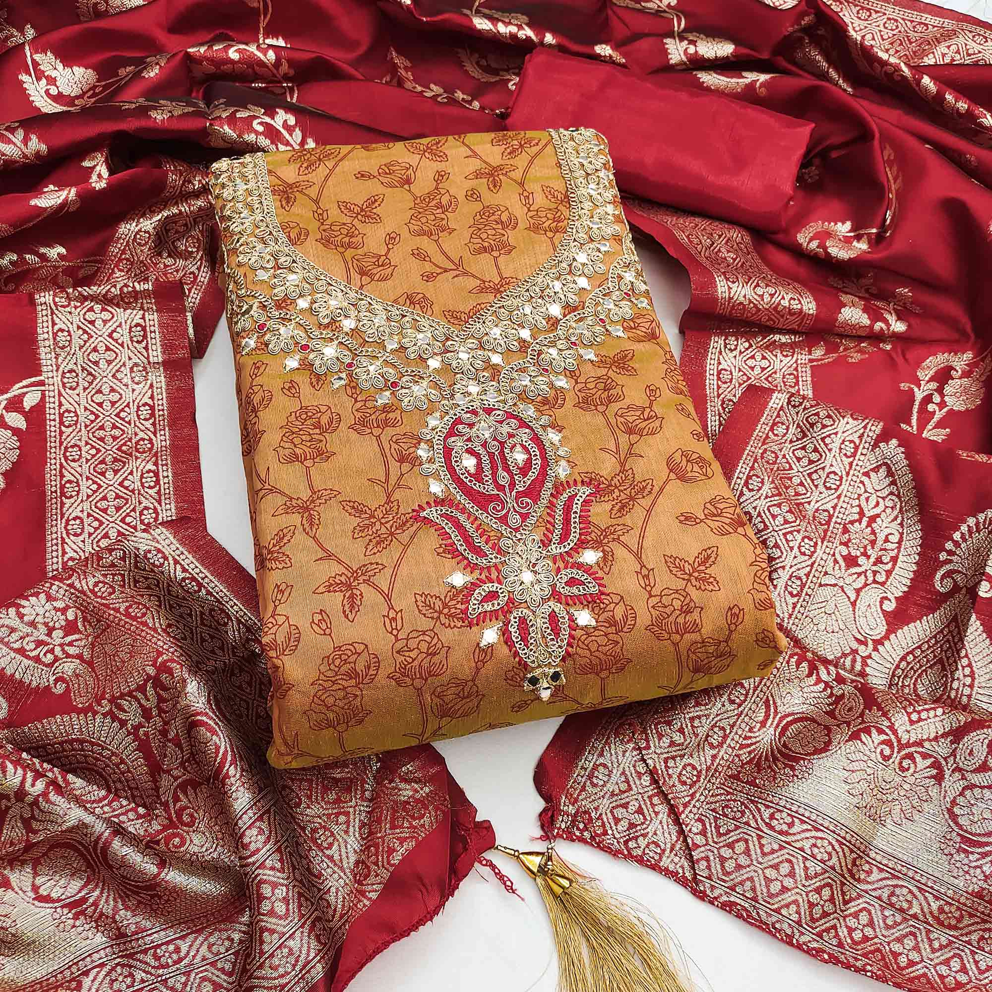 Orange Chanderi Silk Dress Material Featuring Floral Print & Cording Embroidered Detailing