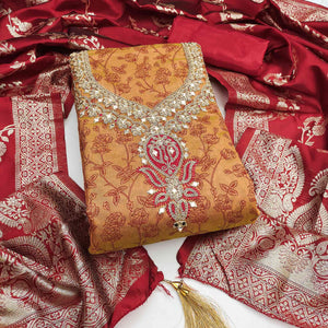 Orange Chanderi Silk Dress Material Featuring Floral Print & Cording Embroidered Detailing
