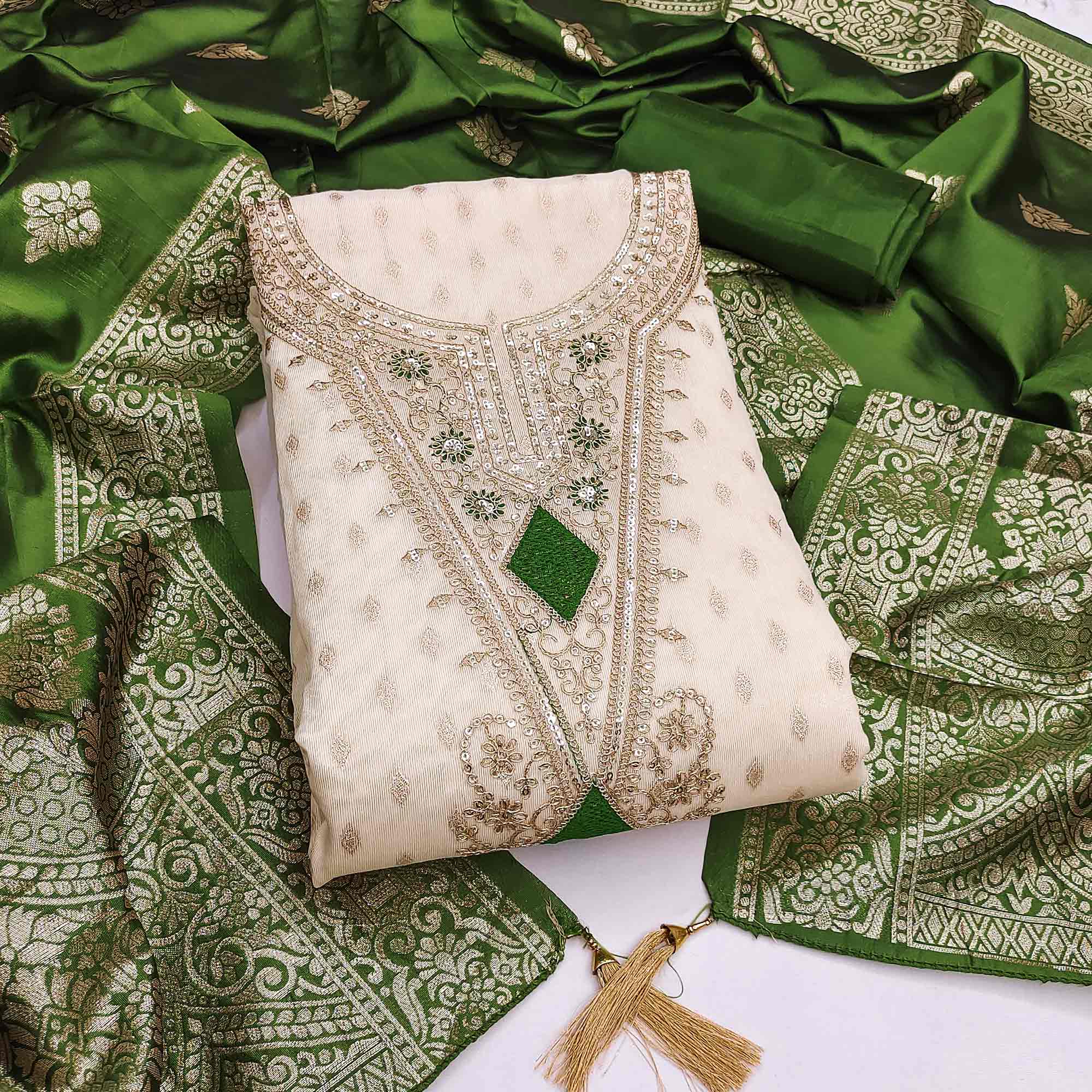 Cream & Green Floral Butti Weaving With Intricate Cording Embroidered Shimmer Dress Material