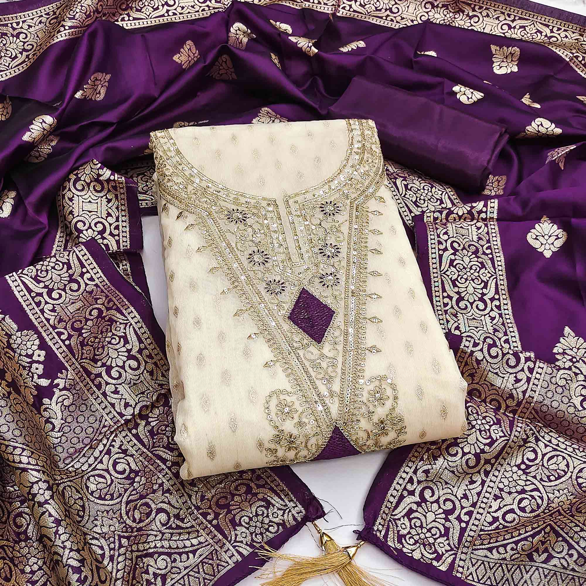 Cream & Purple Floral Butti Weaving With Intricate Cording Embroidered Shimmer Dress Material