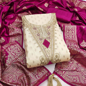 Cream & Rani Pink Floral Butti Weaving With Intricate Cording Embroidered Shimmer Dress Material