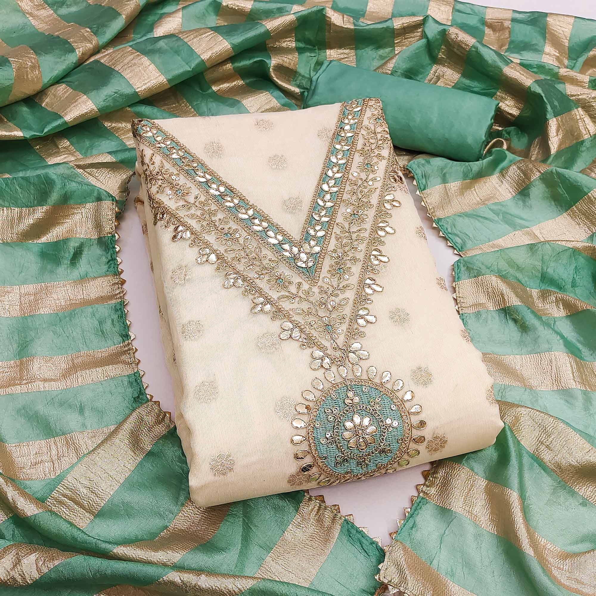Cream & Green Floral Butti Woven Shimmer Dress Material With Cording Embroidered Detailing