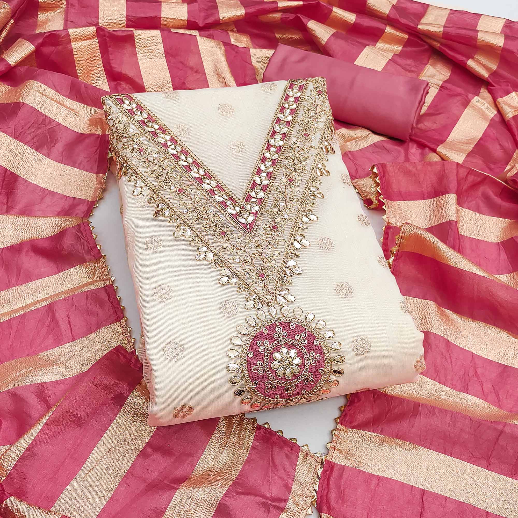 Cream & Pink Floral Butti Woven Shimmer Dress Material With Cording Embroidered Detailing