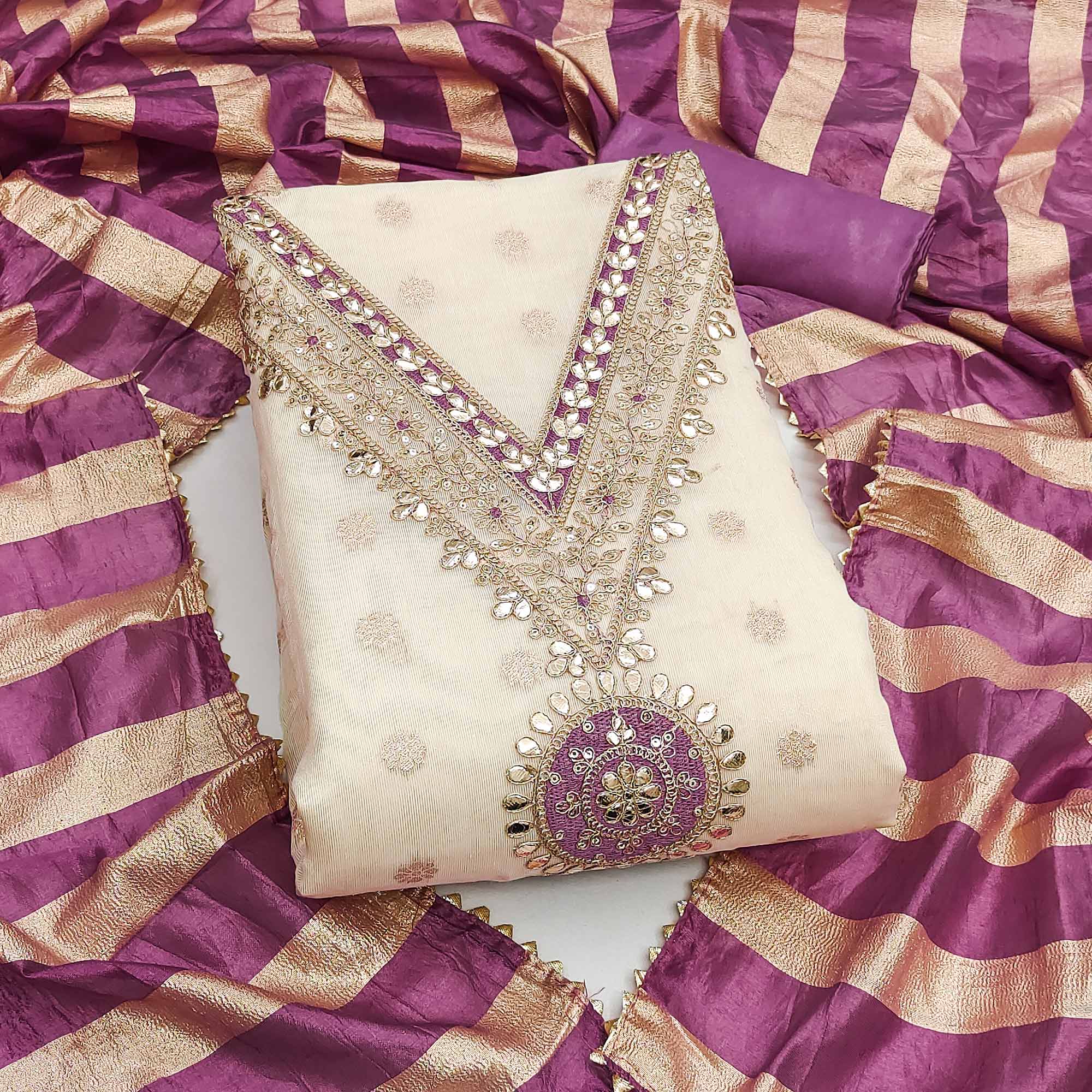 Cream & Purple Floral Butti Woven Shimmer Dress Material With Cording Embroidered Detailing