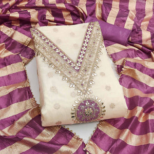 Cream & Purple Floral Butti Woven Shimmer Dress Material With Cording Embroidered Detailing