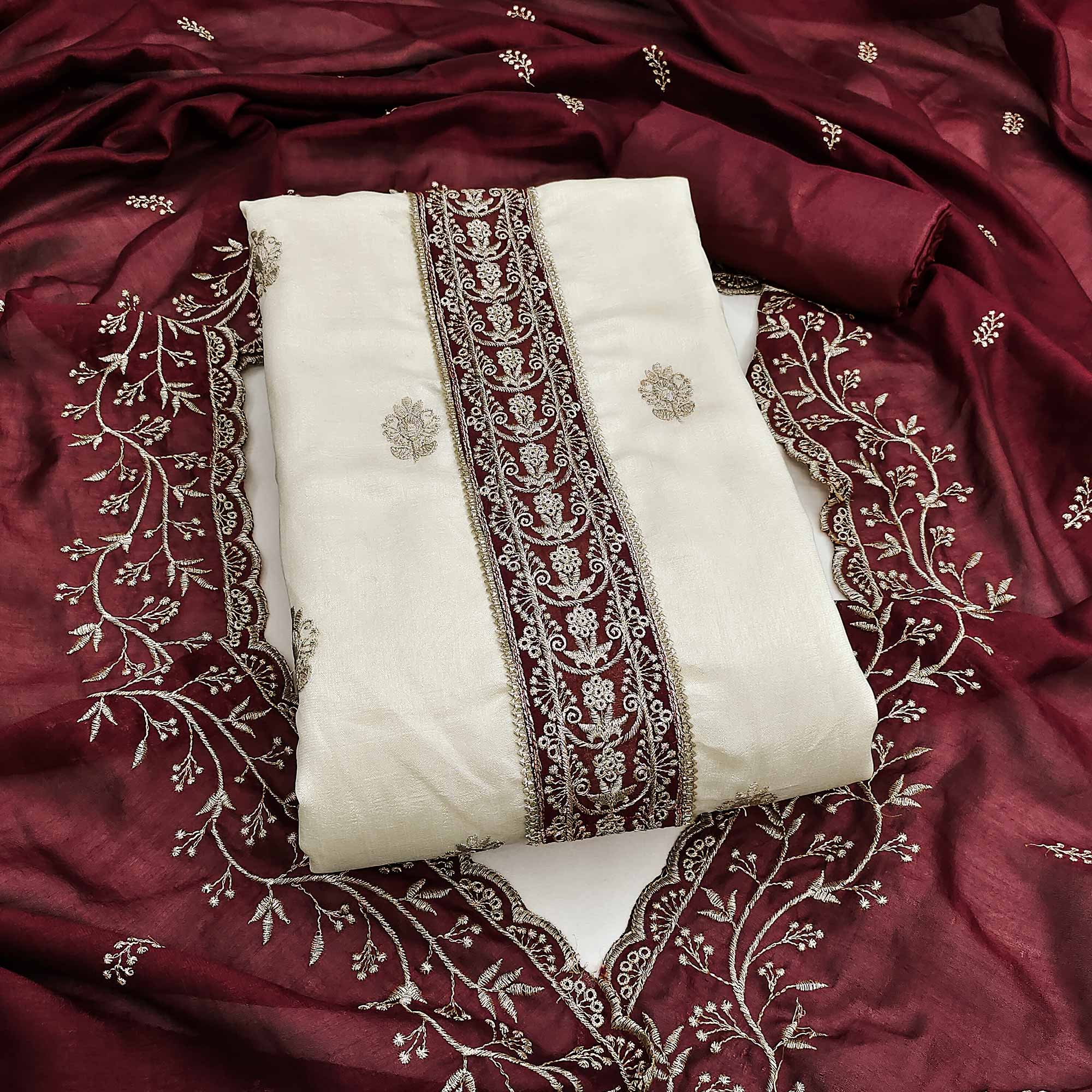 Cream & Maroon Vichitra Silk Dress Material Featuring Intricate Floral Zari Embroidery