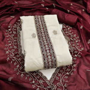 Cream & Maroon Vichitra Silk Dress Material Featuring Intricate Floral Zari Embroidery