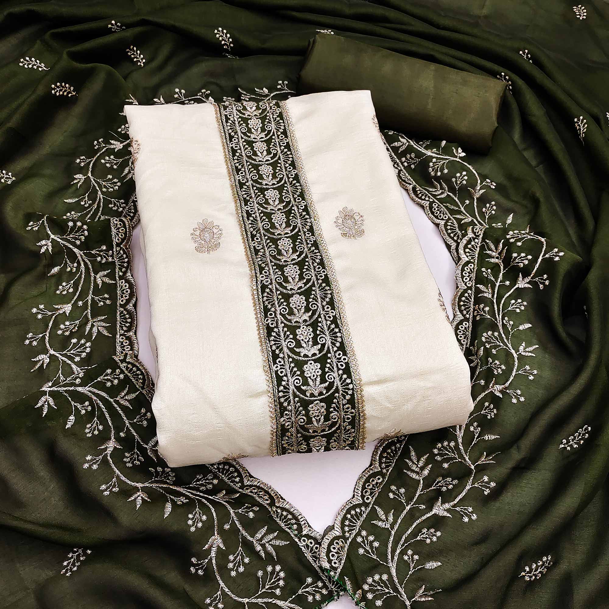 Cream & Mehendi Green Vichitra Silk Dress Material Featuring Intricate Floral Zari Embroidery