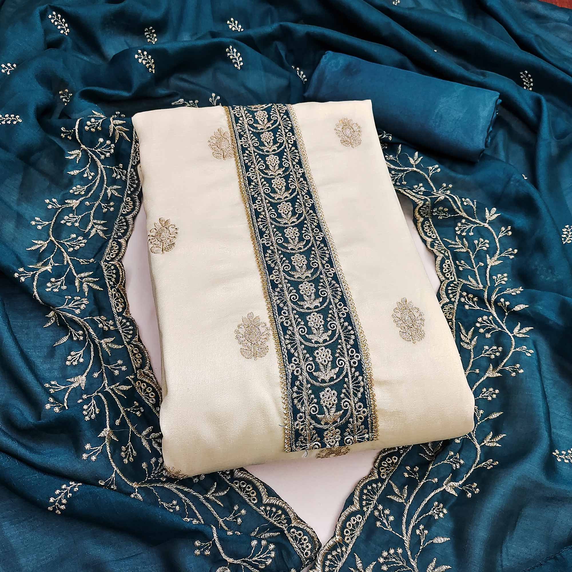 Cream & Morpich Vichitra Silk Dress Material Featuring Intricate Floral Zari Embroidery