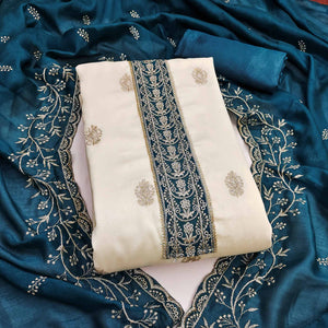 Cream & Morpich Vichitra Silk Dress Material Featuring Intricate Floral Zari Embroidery