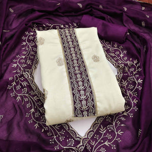 Cream & Purple Vichitra Silk Dress Material Featuring Intricate Floral Zari Embroidery
