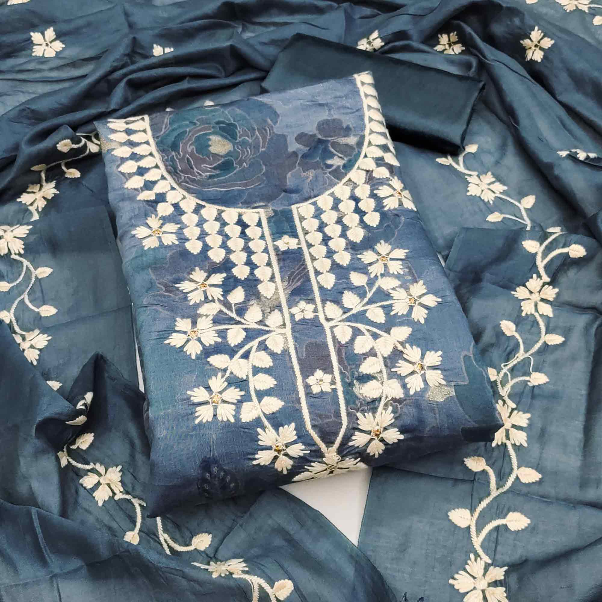 Graceful Greyish Blue Floral Embroidered Chanderi Cotton Dress Material