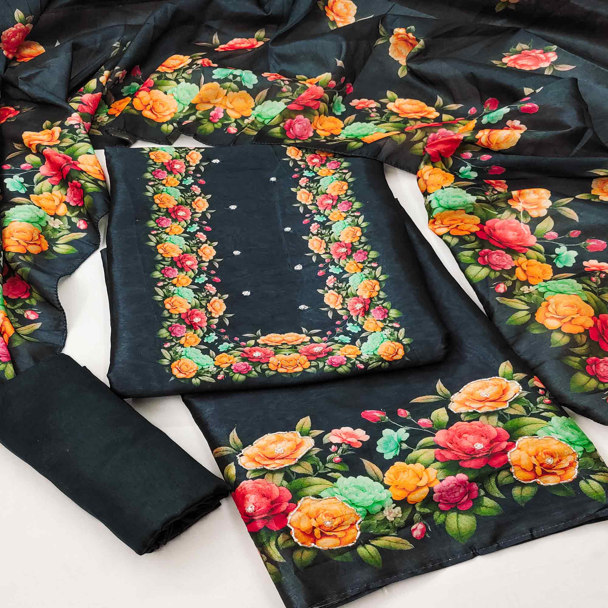 Stylish Black Assam Art Silk Dress Material Accented With Floral Digital Print & Khatli Work