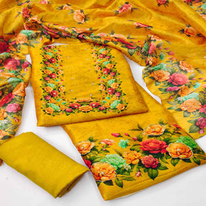 Stylish Mustard Assam Art Silk Dress Material Accented With Floral Digital Print & Khatli Work