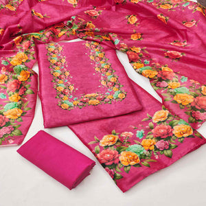 Stylish Rani Pink Assam Art Silk Dress Material Accented With Floral Digital Print & Khatli Work