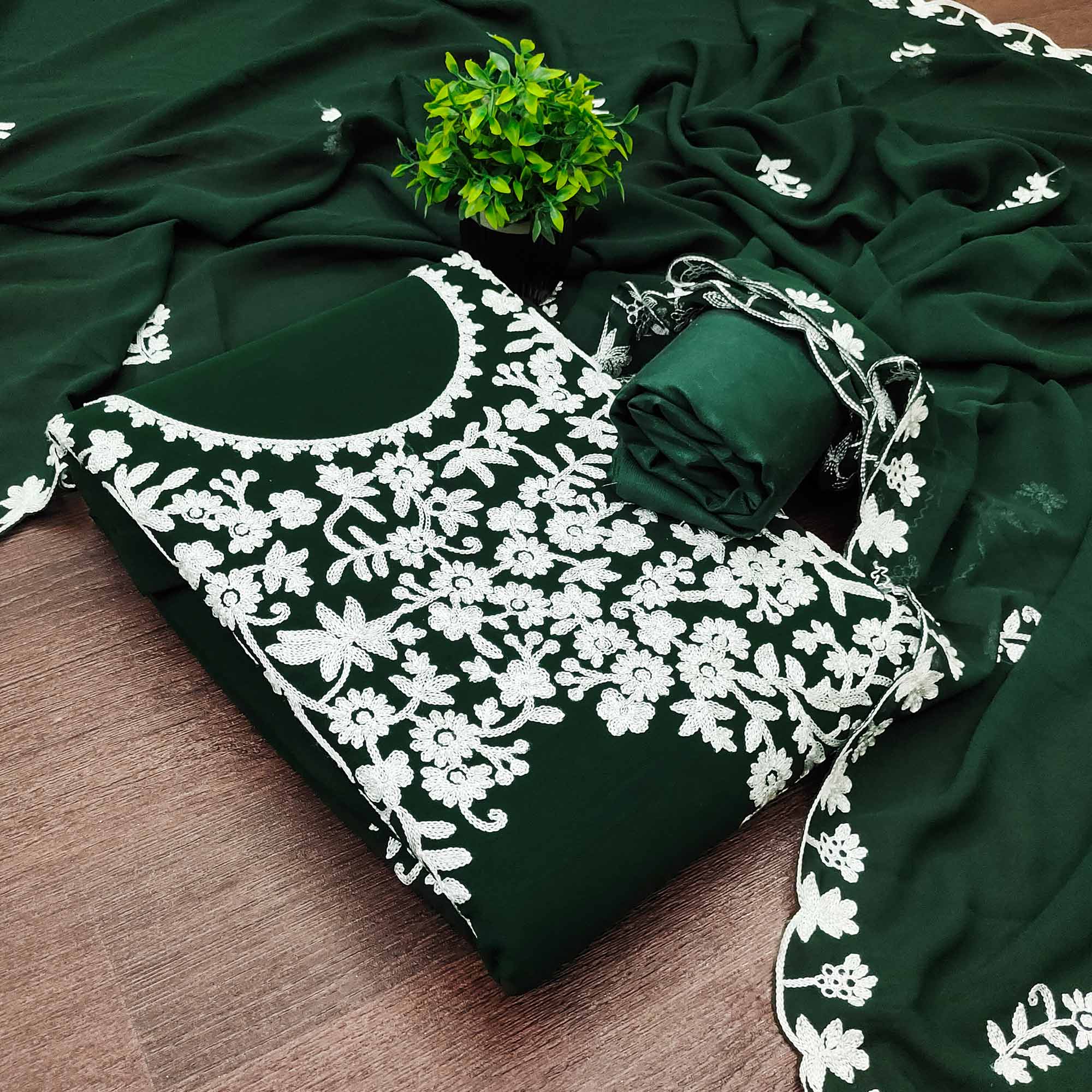 Designer Dark Green Floral Embroidered Georgette Material for Stylish Dresses and Outfits