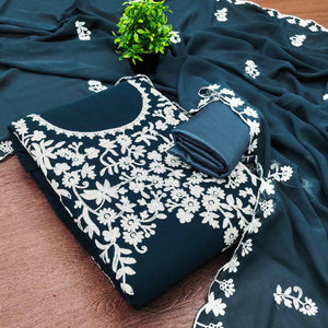 Designer Dark Teal Floral Embroidered Georgette Material for Stylish Dresses and Outfits