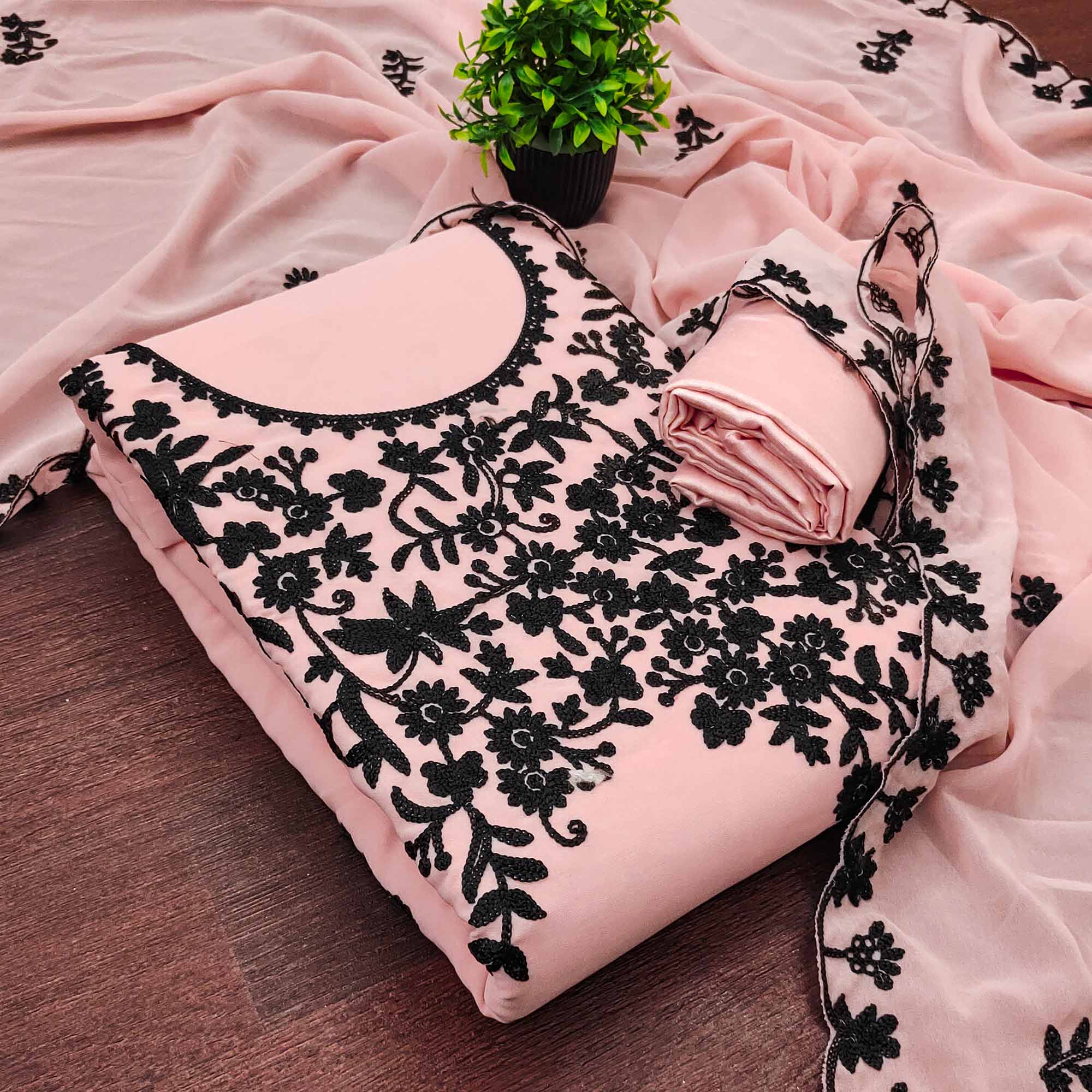 Designer Peach Floral Embroidered Georgette Material for Stylish Dresses and Outfits