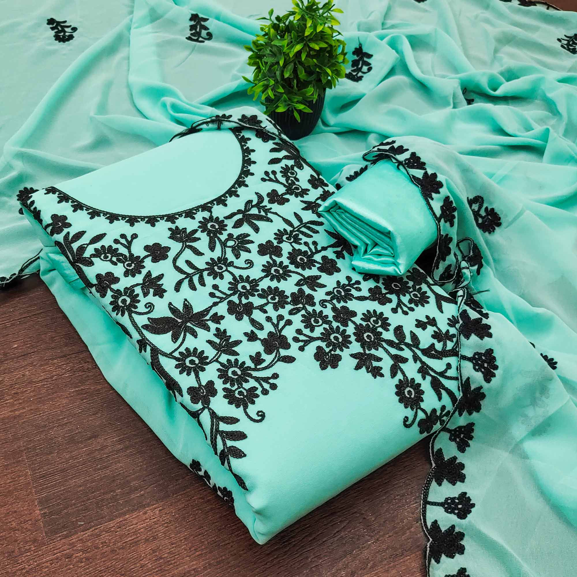 Designer Turquoise Floral Embroidered Georgette Material for Stylish Dresses and Outfits