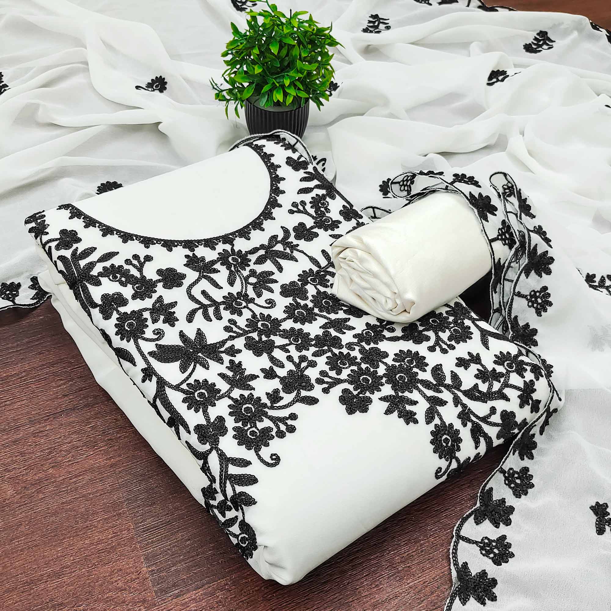 Designer White Floral Embroidered Georgette Material for Stylish Dresses and Outfits