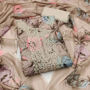 Brown Floral Digital Printed Cotton Blend Dress Material With Sparkling Sequins Embroidery