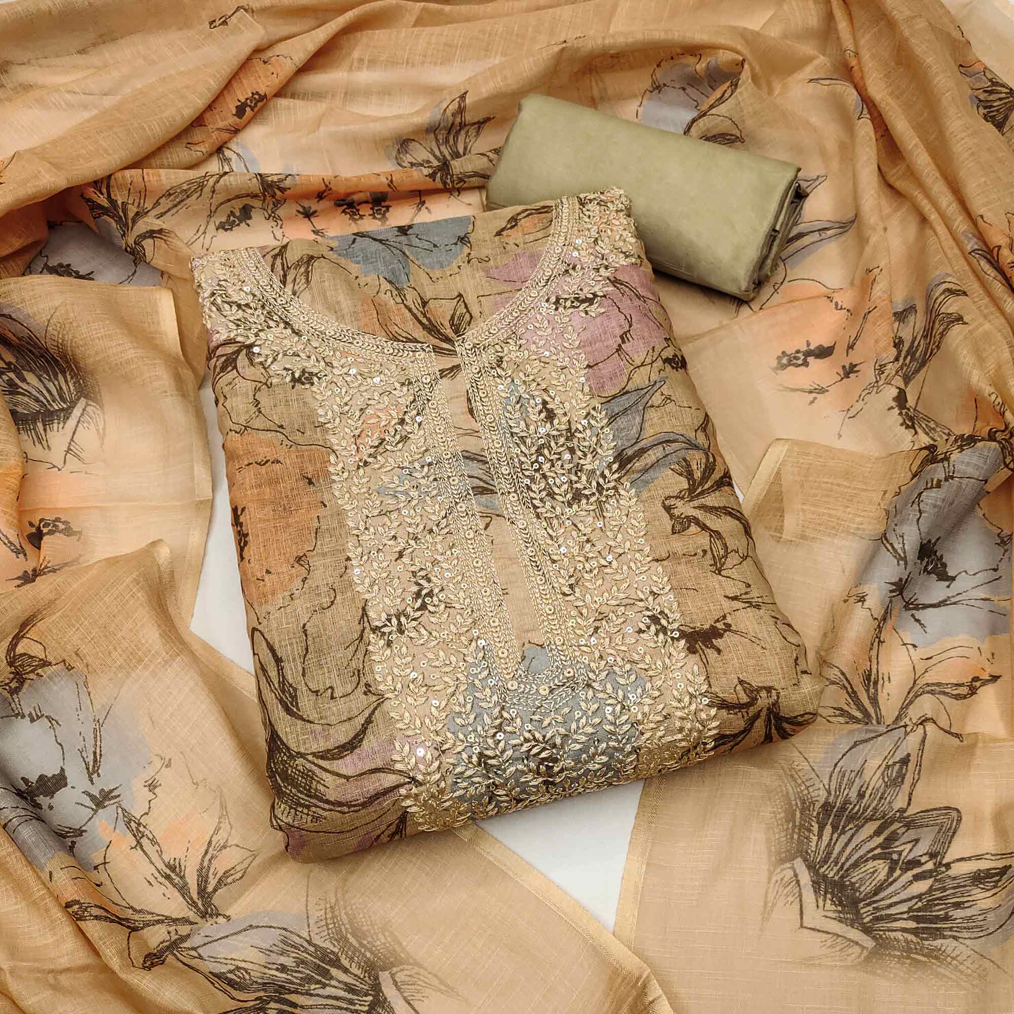 Chikoo Floral Digital Printed Cotton Blend Dress Material With Sparkling Sequins Embroidery