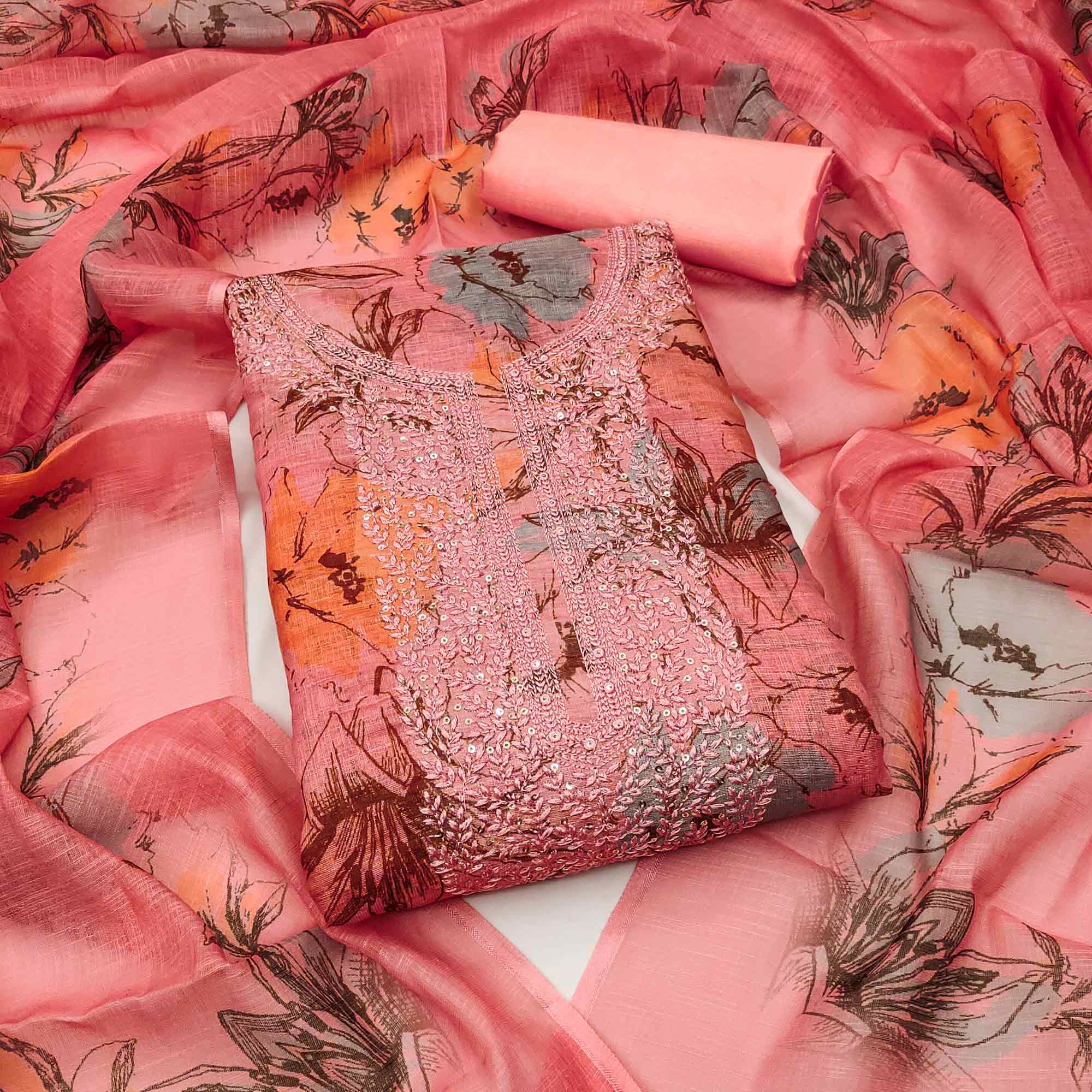 Pink Floral Digital Printed Cotton Blend Dress Material With Sparkling Sequins Embroidery