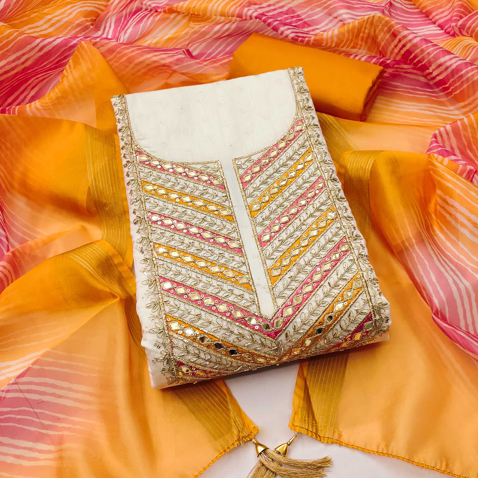 Offwhite & Orange Butti Weaving Chanderi Silk Dress Material Enhanced With Cording Embroidery
