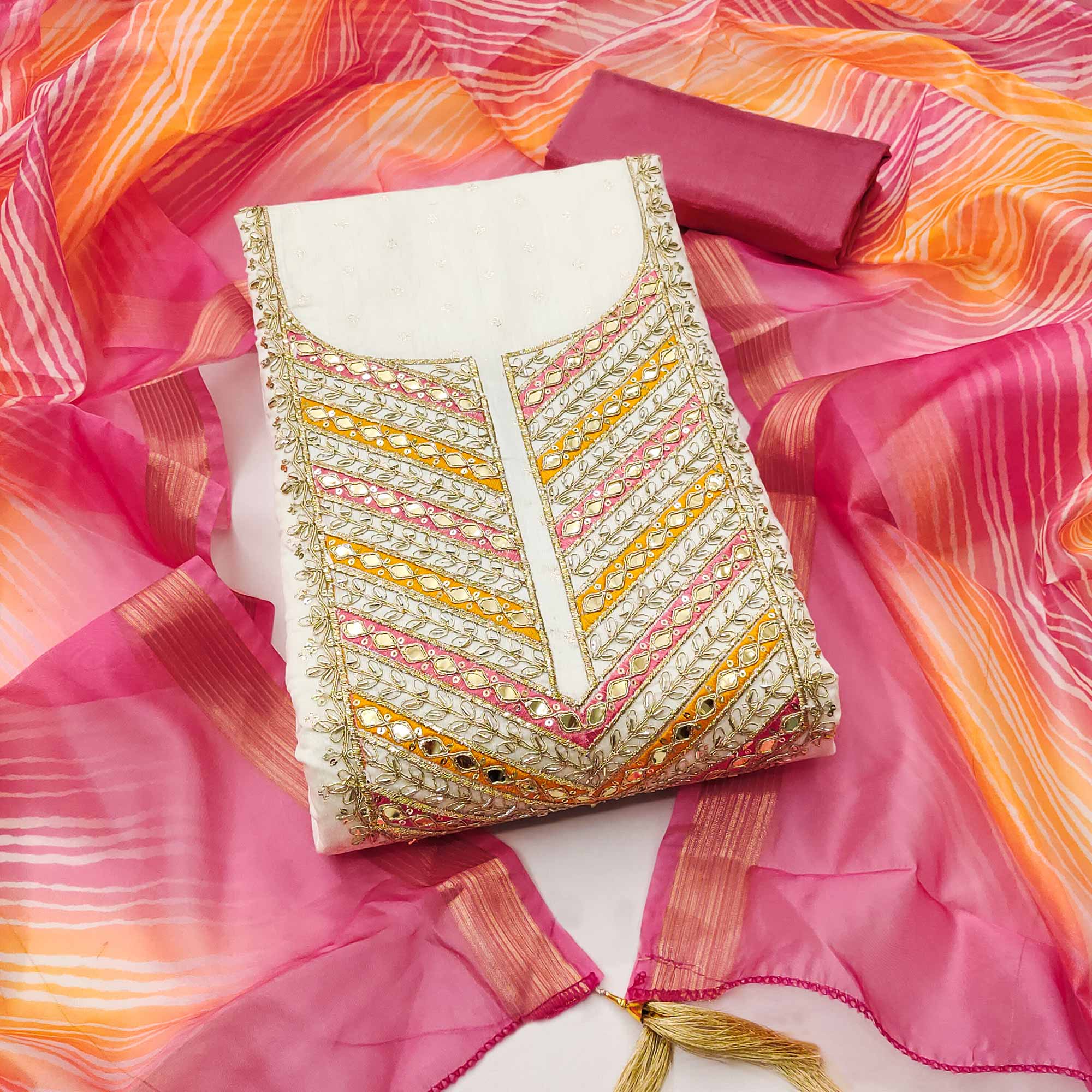 Offwhite & Pink Butti Weaving Chanderi Silk Dress Material Enhanced With Cording Embroidery