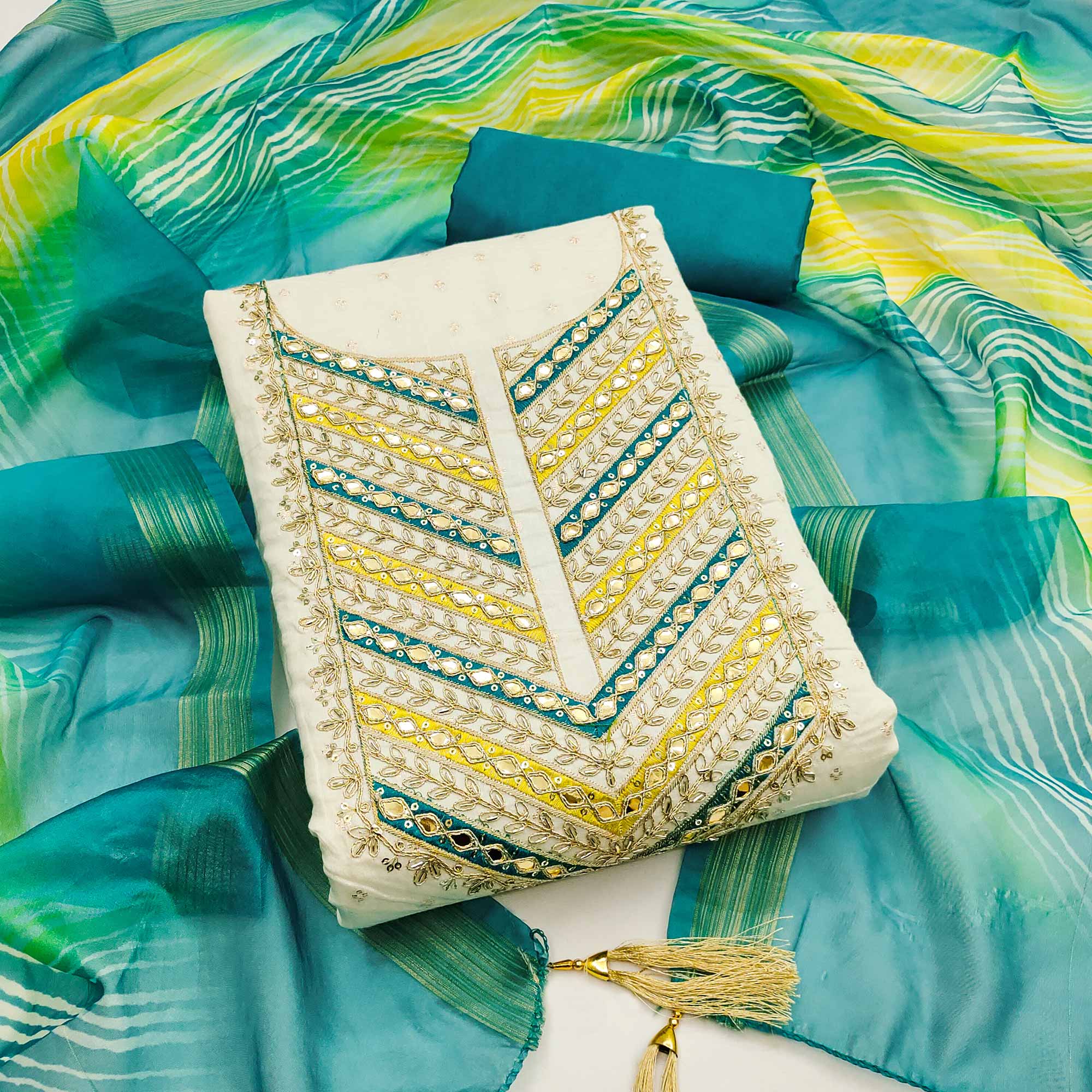 Offwhite & Turquoise Butti Weaving Chanderi Silk Dress Material Enhanced With Cording Embroidery