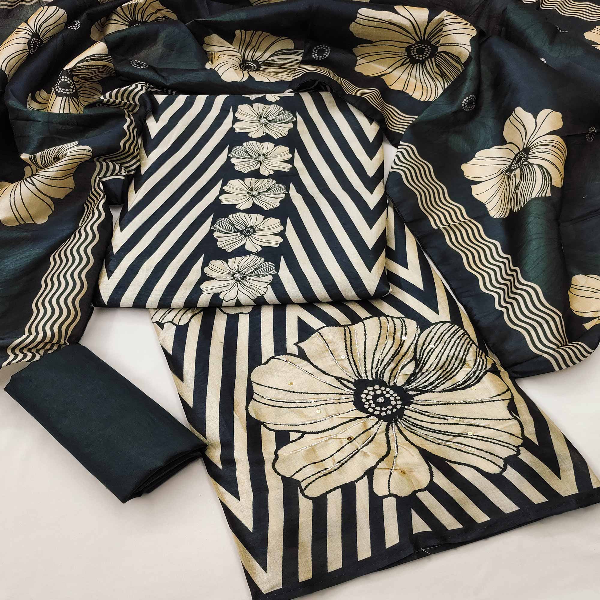 Black Floral Digital Printed Assam Art Silk Dress Material Adorned With Beads & Sequins Work