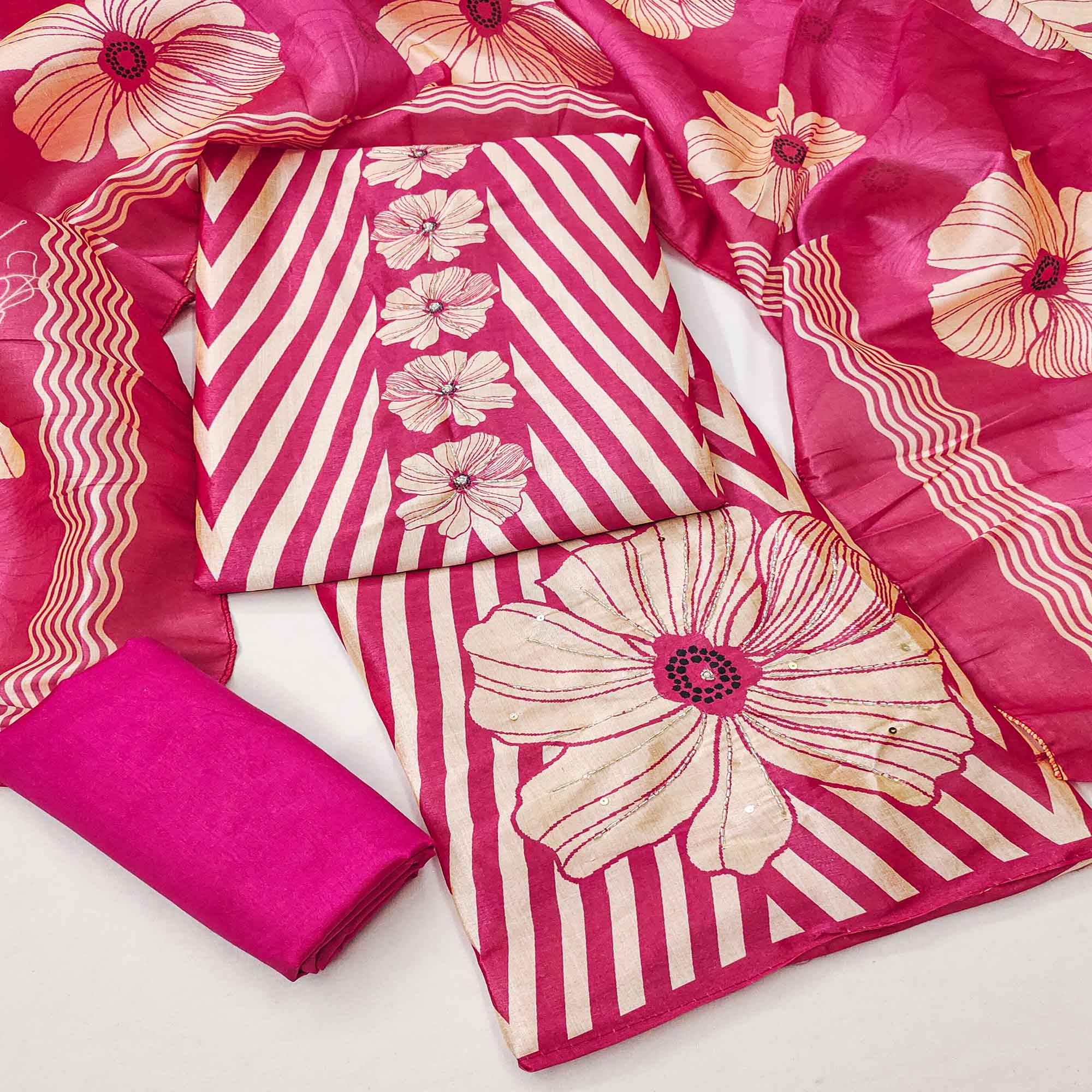 Pink Floral Digital Printed Assam Art Silk Dress Material Adorned With Beads & Sequins Work