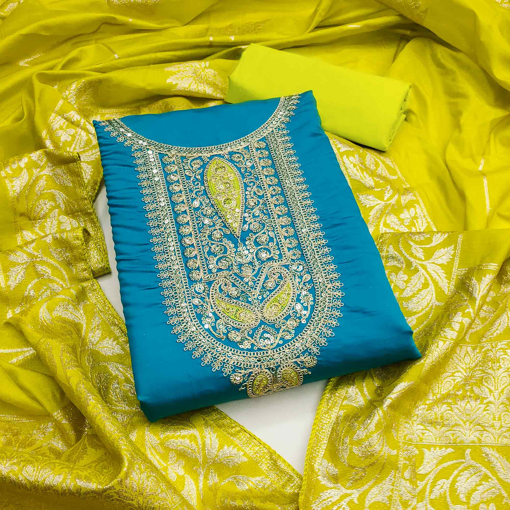 Graceful Blue Silk Blend Dress Material Featuring Floral Cording Embroidery With Sequins Detailing