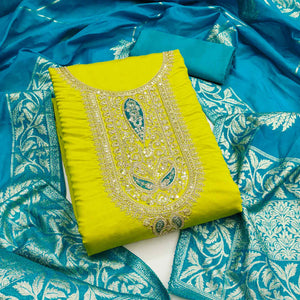 Graceful Green Silk Blend Dress Material Featuring Floral Cording Embroidery With Sequins Detailing