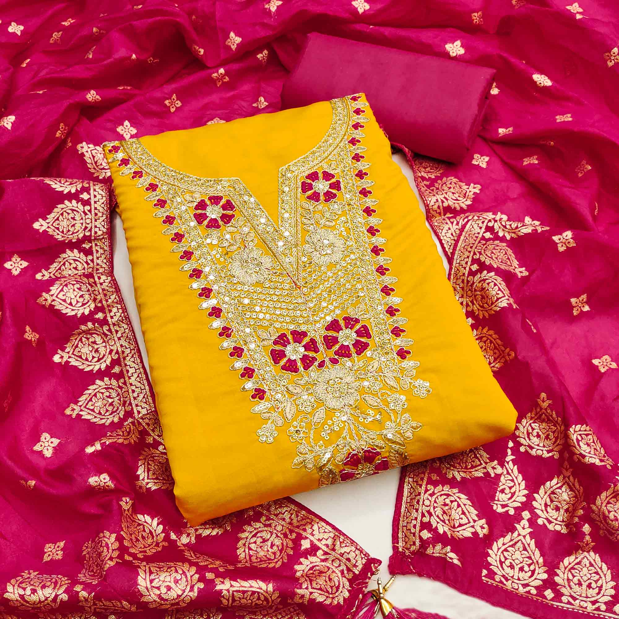 Graceful Mustard Silk Blend Dress Material Featuring Floral Cording Embroidery With Sequins Detailing
