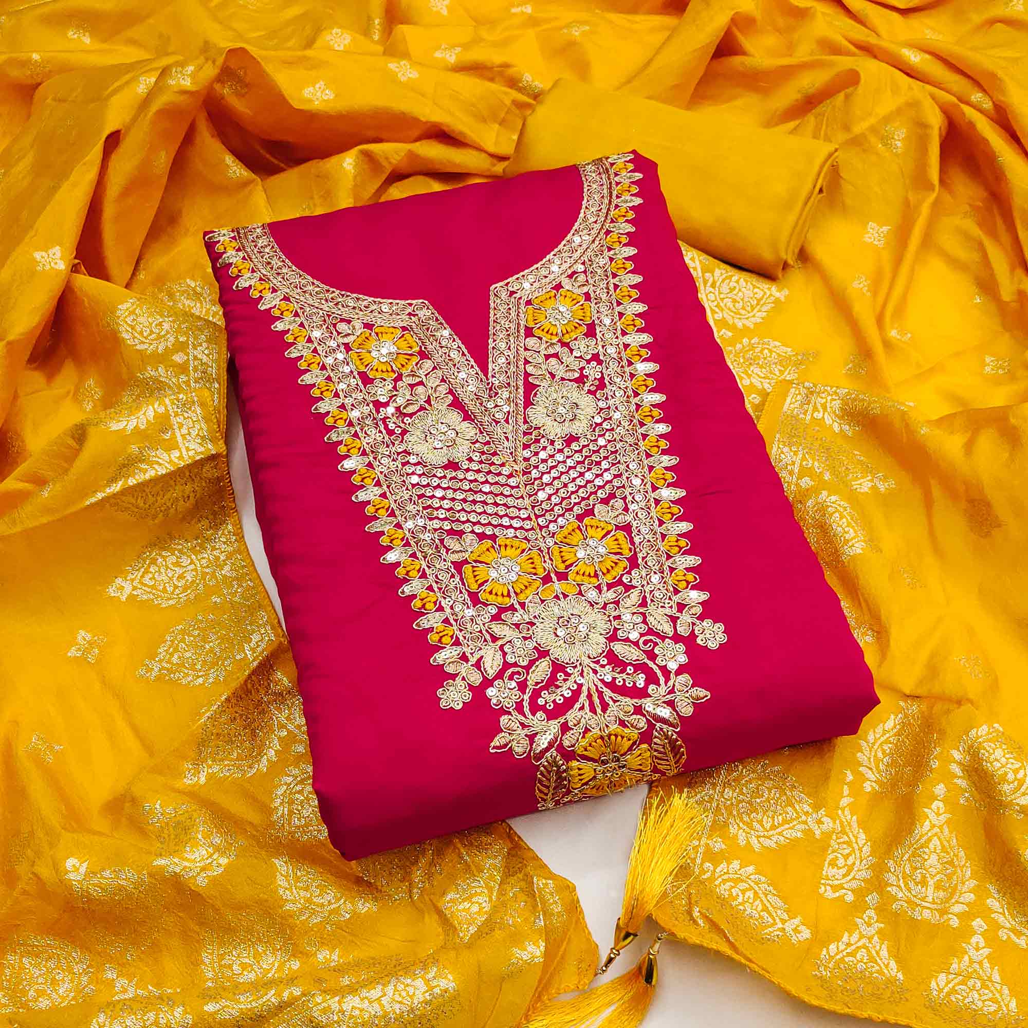 Graceful Pink Silk Blend Dress Material Featuring Floral Cording Embroidery With Sequins Detailing