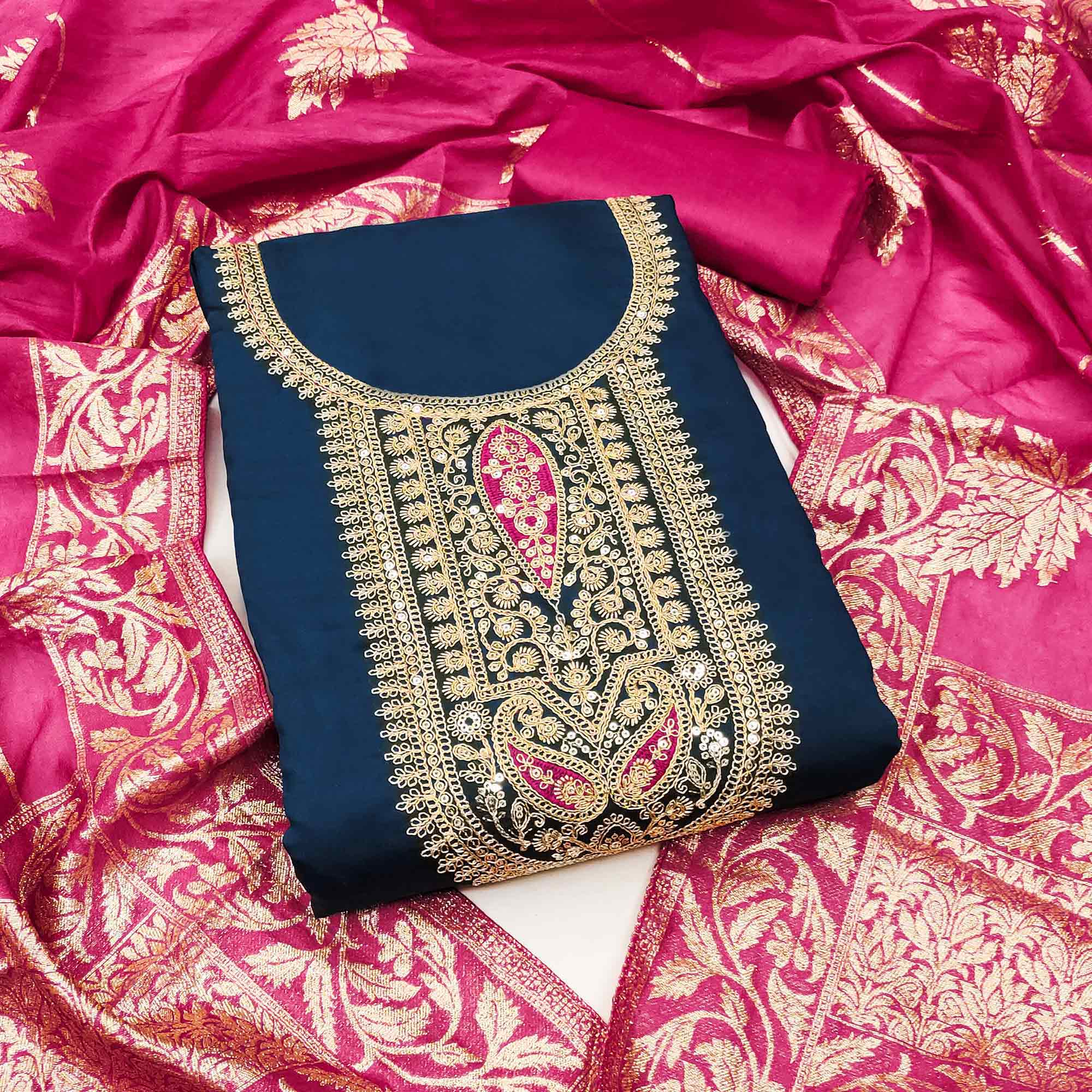 Stylish Blue Floral Cording Embroidered Silk Blend Dress Material Accented With Sequins Work