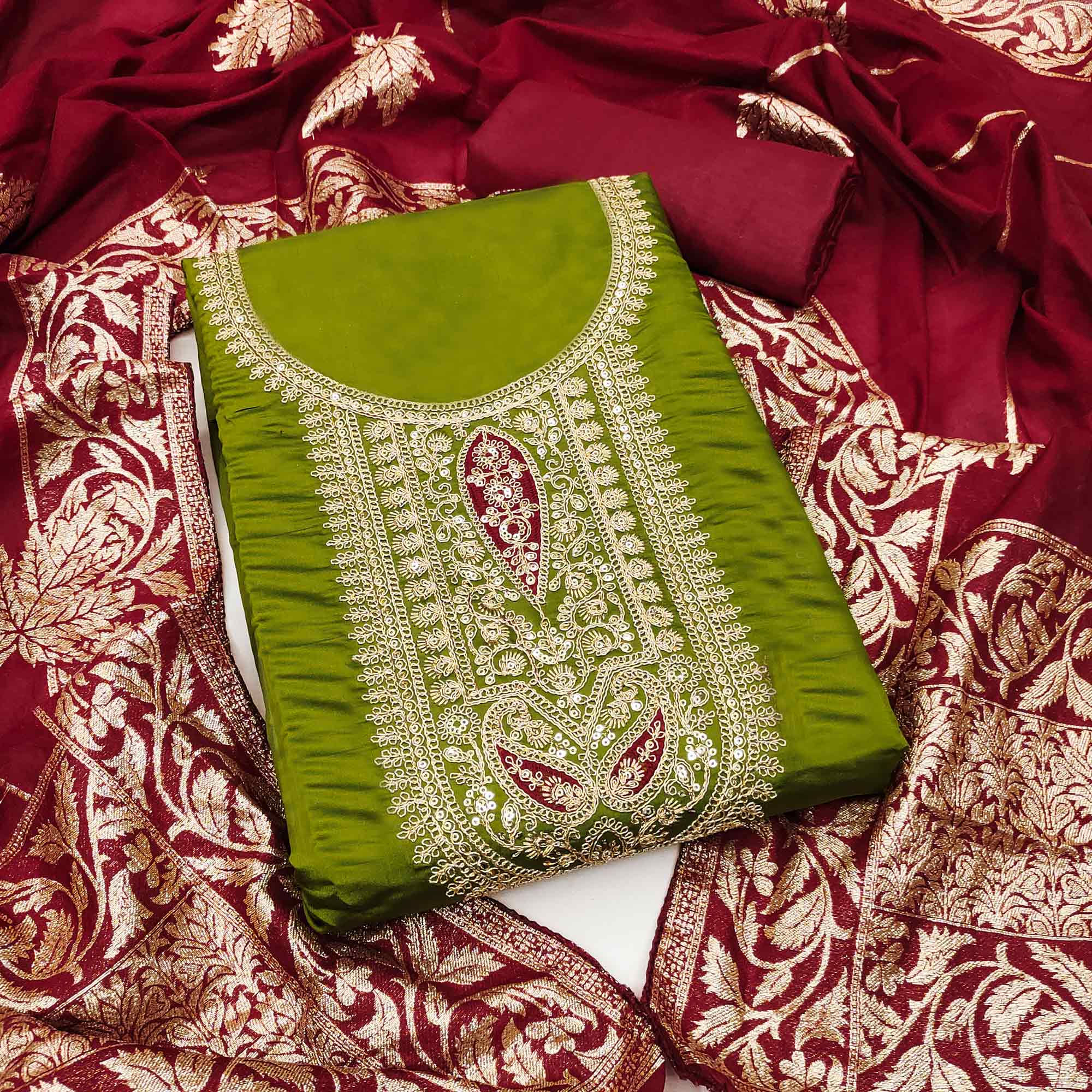 Stylish Green Floral Cording Embroidered Silk Blend Dress Material Accented With Sequins Work