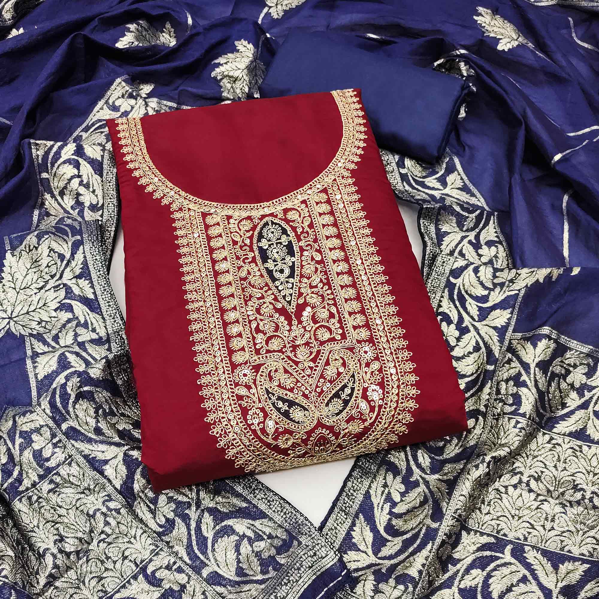 Stylish Maroon Floral Cording Embroidered Silk Blend Dress Material Accented With Sequins Work